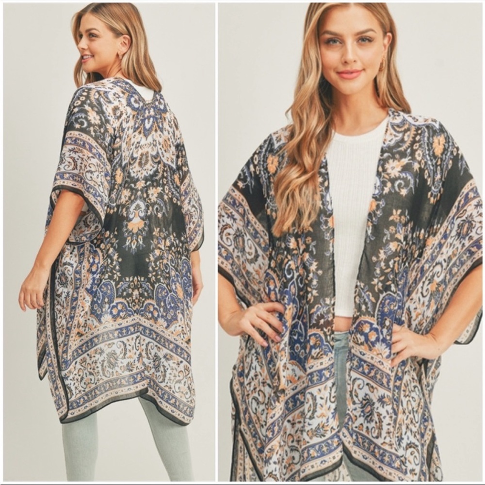 Black Floral Scarf Pattern Cardigan Kimono Coverup